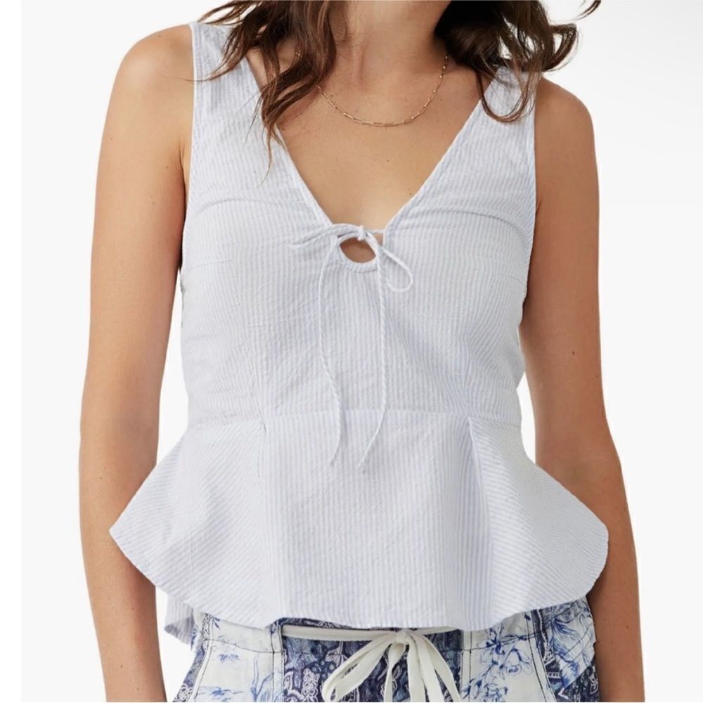 NWT Free People Mika Blue White Striped Cotton Peplum Sleeveless Tank Top XS